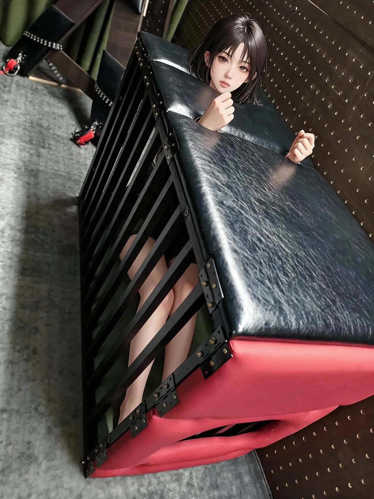 Padded Cage Bench with Studded Leather Top