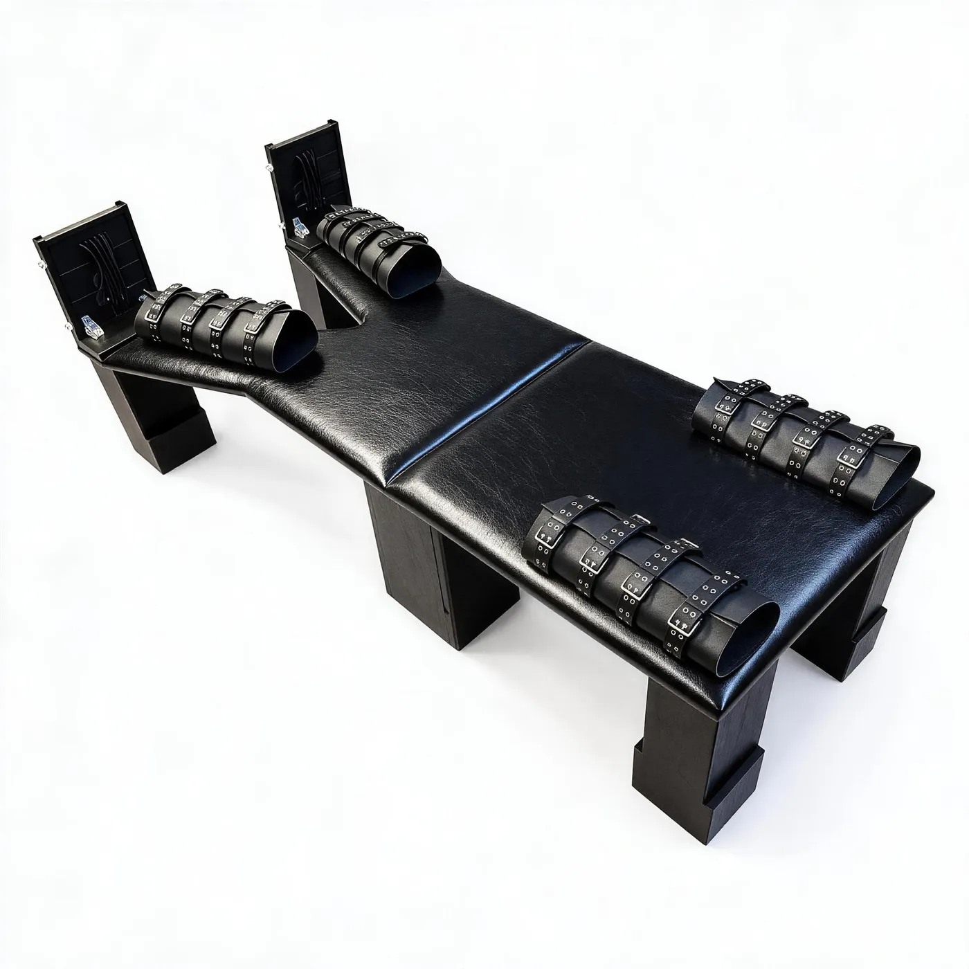 Y-Shaped Bondage Table with Padded Limb Cuffs and Storage-Box Legs